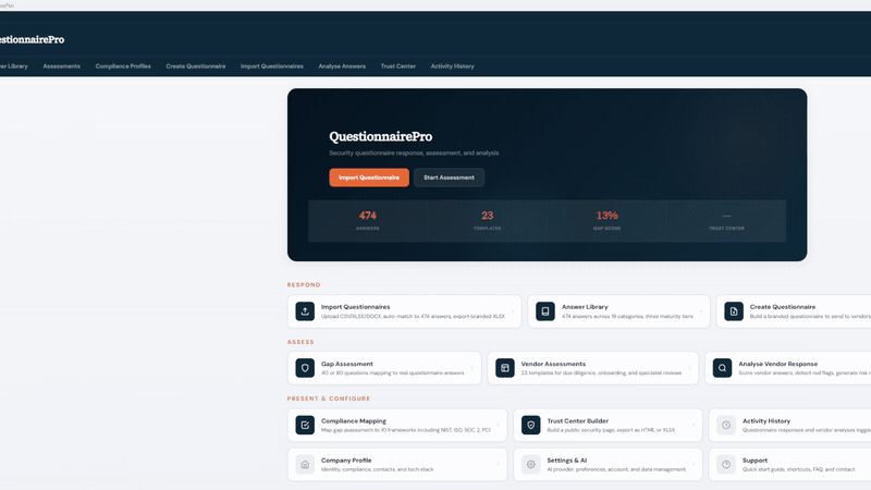 QuestionnairePro walkthrough — home page, answer library, compliance mapping
